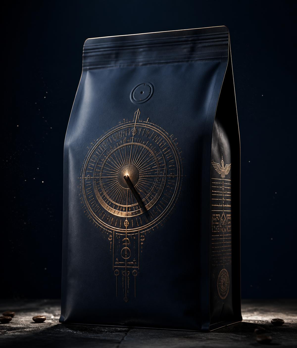 CHRONOSKULL specialty coffee bag with engraved sundial glyph